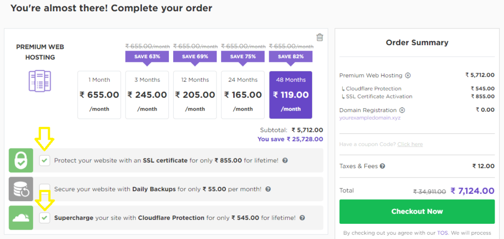 Order summary of cheap web hosting india with SSL