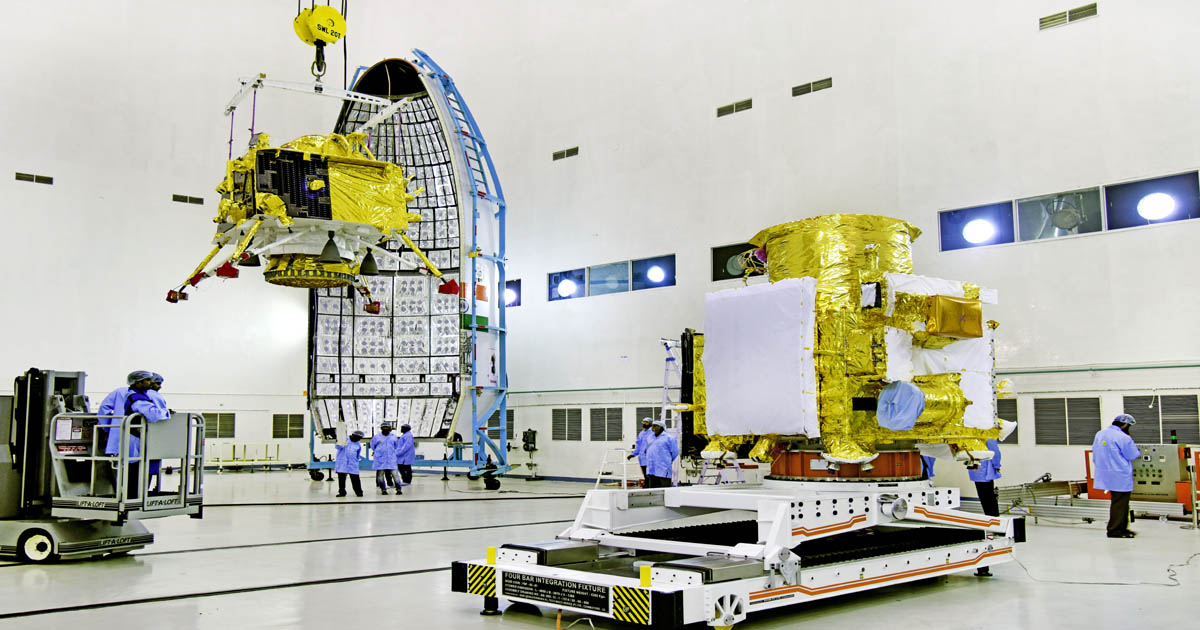 Hoisting of Vikram lander during Chandrayaan2 spacecraft integration at launch centre